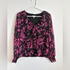 Laura Ashley Floral Ruffled Blouse Longsleeve Purple Black Business Casual